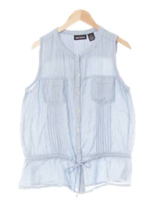 dknyjeans 블루화이트 스트라이프 비스코스혼방 셔링더블포켓나시블라우스