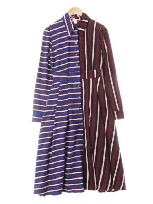 h&m 와인블루 스트라이프 배색롱카라맥시원피스