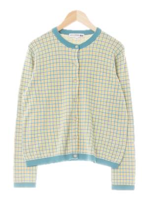 유니클로 에메랄드그린라이트옐로우 체크 면 라운드긴팔가디건