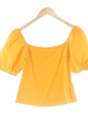 h&m 사프란옐로우 면혼방 퍼프반소매오프숄더티