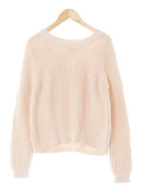 h&m 피치크림 면혼방 케이블라운드숏니트