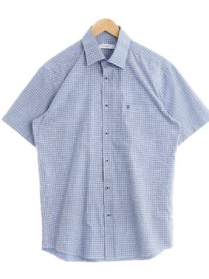 ungaro 라이트블루 체크 면혼방 육각포켓반팔셔츠