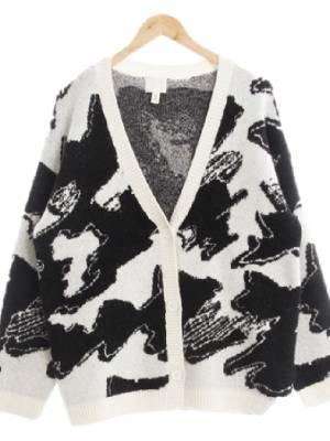 h&m 블랙화이트 기하학패턴 울혼방 루즈핏브이넥소프트가디건