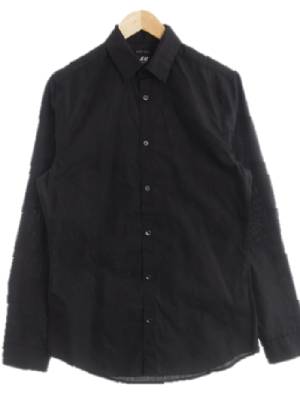 h&m 블랙 면혼방 백라인절개긴소매셔츠
