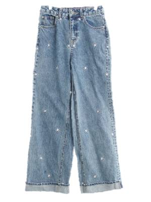 h&m 중청 플라워자수 데님 하이웨스트와이드롤업돌청진