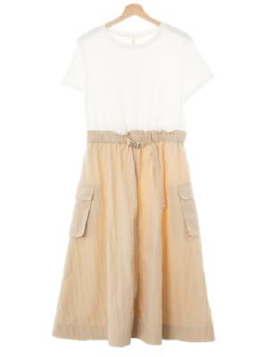 h&m 화이트파치먼트베이지 면혼방 벨티드믹스반팔원피스