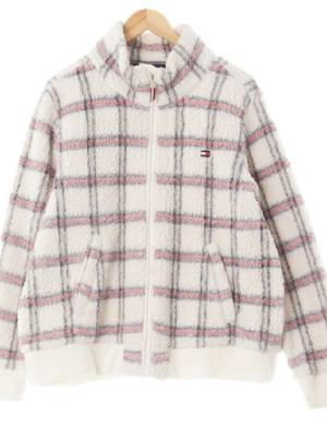 타미힐피거 코코넛화이트로즈스모크핑크 체크 플리스쉐르파로고자켓