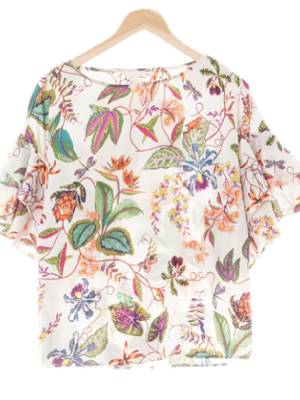 h&m 아이보리캑터스플라워퍼플 열대식물패턴 쉬폰빅러플소매블라우스