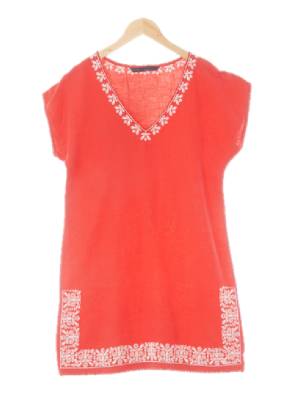 자라베이직 레드 면 자수브이넥루즈원피스