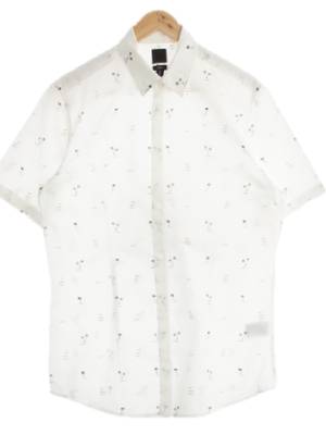 h&m 화이트 야자수파라솔패턴 면혼방 휴양지반팔셔츠