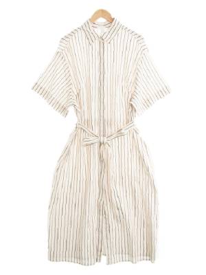 h&m 베이지 스트라이프 면혼방 허리리본카라맥시원피스