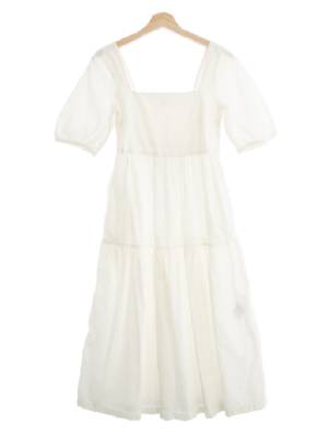 유니클로 화이트 린넨혼방 스퀘어넥캉캉롱원피스