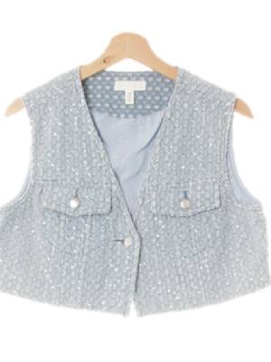 h&m 크리스탈블루 스팽글스트라이프 데님 데미지포인트크롭베스트